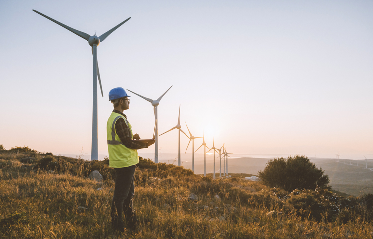 Man on a wind turbine farm